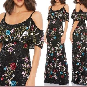 Mac Duggal Black Maxi Dress with Floral Embroidery